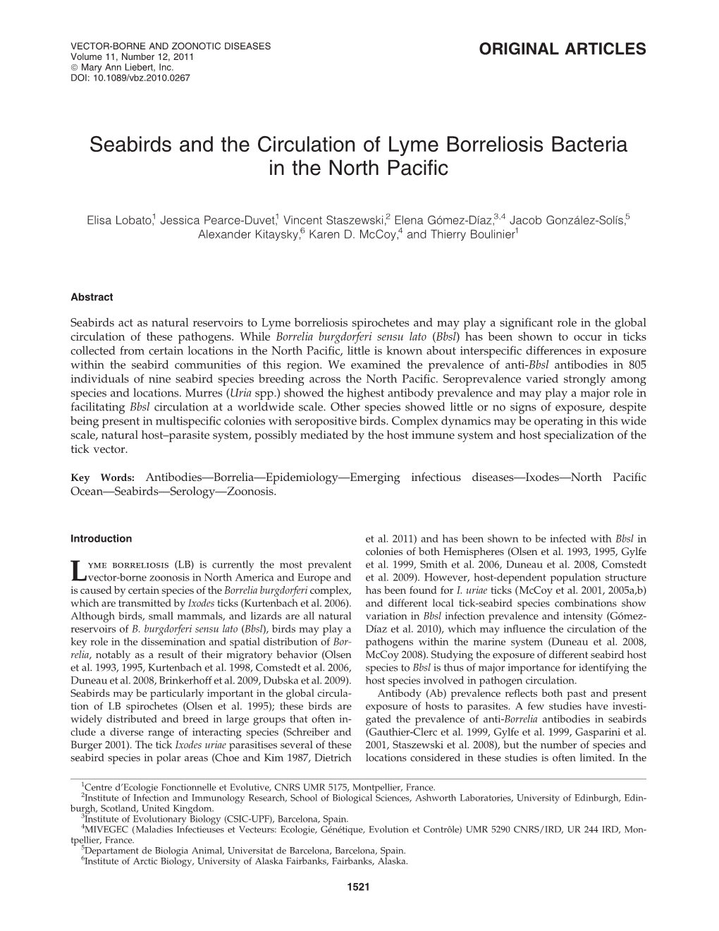 Seabirds and the Circulation of Lyme Borreliosis Bacteria in the North Pacific