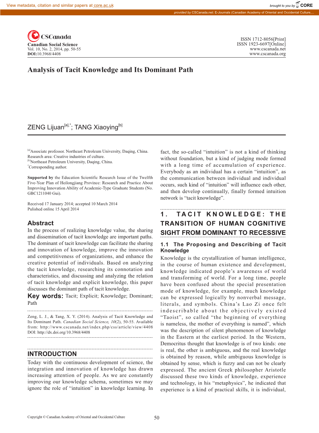 Analysis of Tacit Knowledge and Its Dominant Path