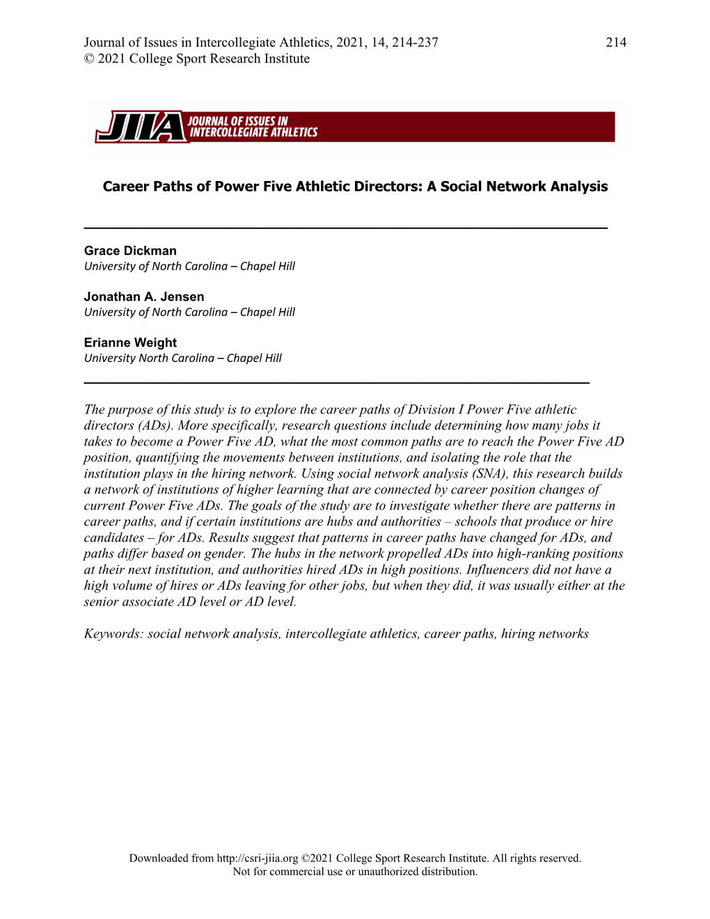 Journal of Issues in Intercollegiate Athletics, 2021, 14, 214-237 214 © 2021 College Sport Research Institute