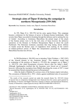 Strategic Aims of Šāpur II During the Campaign in Northern Mesopotamia (359-360)