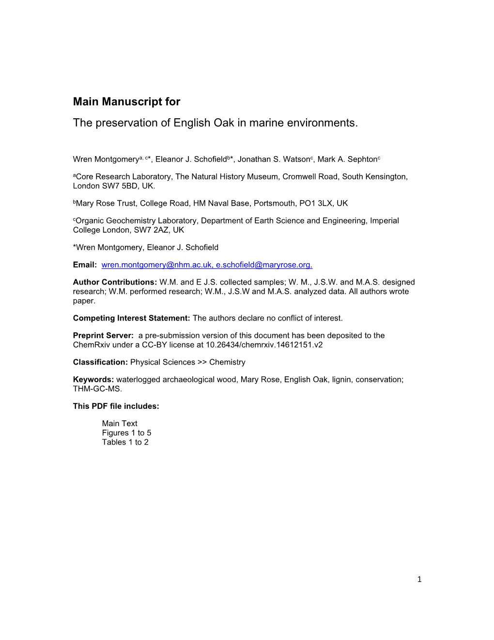 Main Manuscript for the Preservation of English Oak in Marine Environments