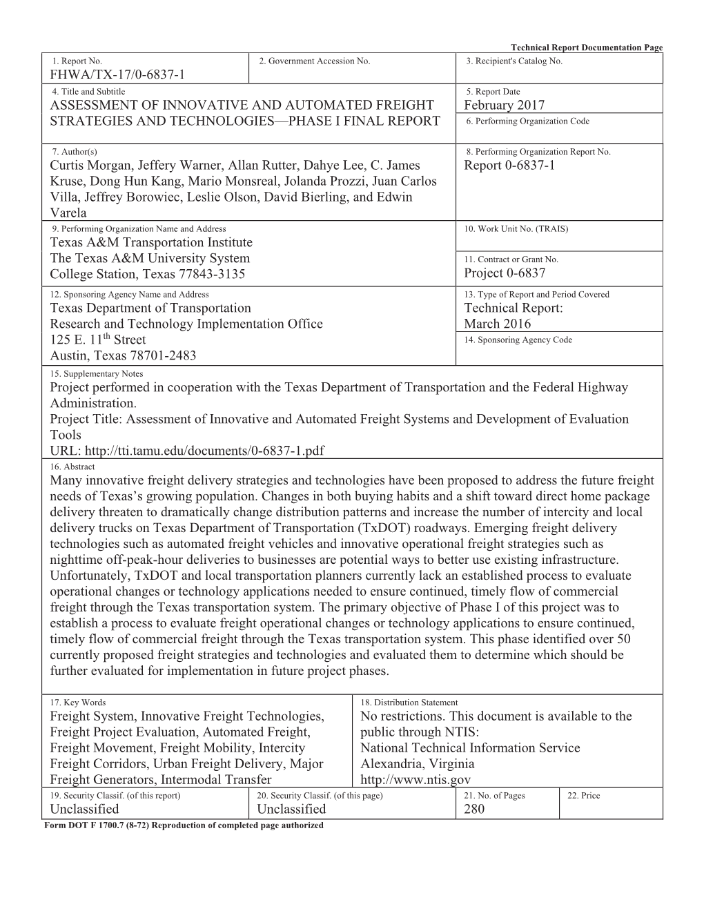 Assessment of Innovative and Automated Freight Strategies and Technologies—Phase I Final Report