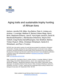 Aging Traits and Sustainable Trophy Hunting of African Lions