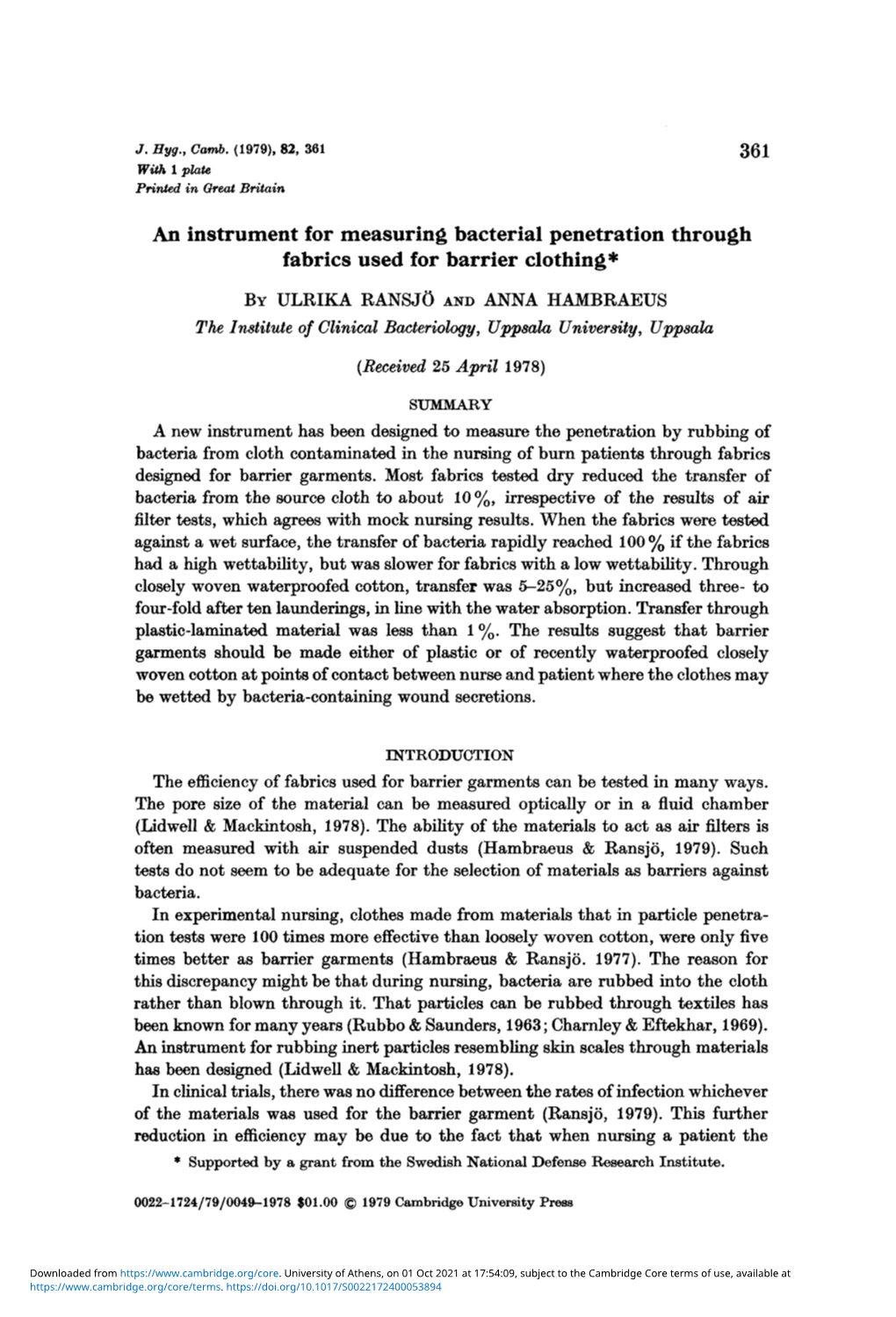 An Instrument for Measuring Bacterial Penetration Through Fabrics Used for Barrier Clothing*