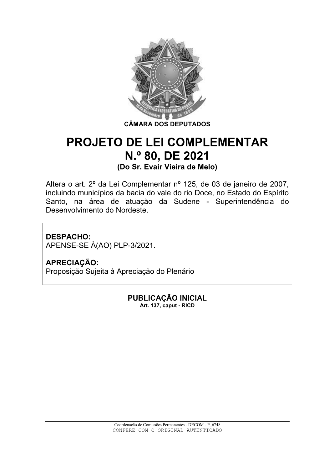 PROJETO DE LEI COMPLEMENTAR N.º 80, DE 2021 (Do Sr