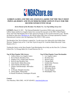Lebron James and the Los Angeles Lakers Top the Nba’S Most Popular Jersey and Team Merchandise Lists in Italy for the Second Consecutive Year