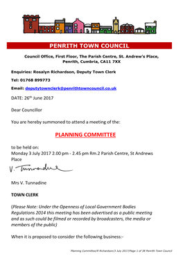 PLANNING COMMITTEE to Be Held On: Monday 3 July 2017 2.00 Pm - 2.45 Pm Rm.2 Parish Centre, St Andrews Place