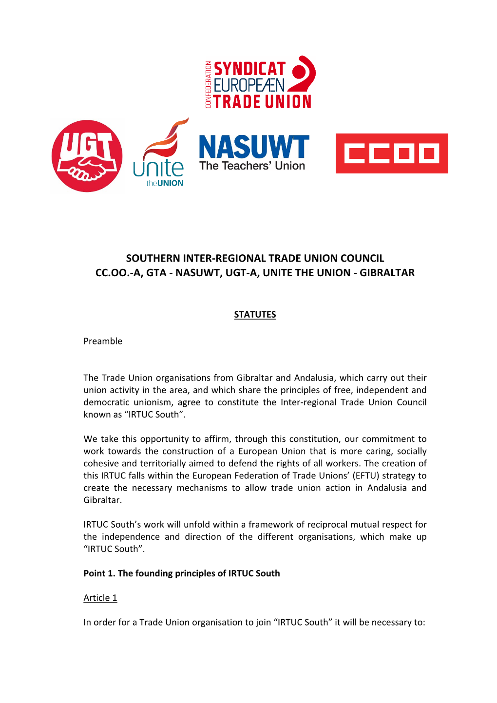 Southern Inter-Regional Trade Union Council Agreement 2017