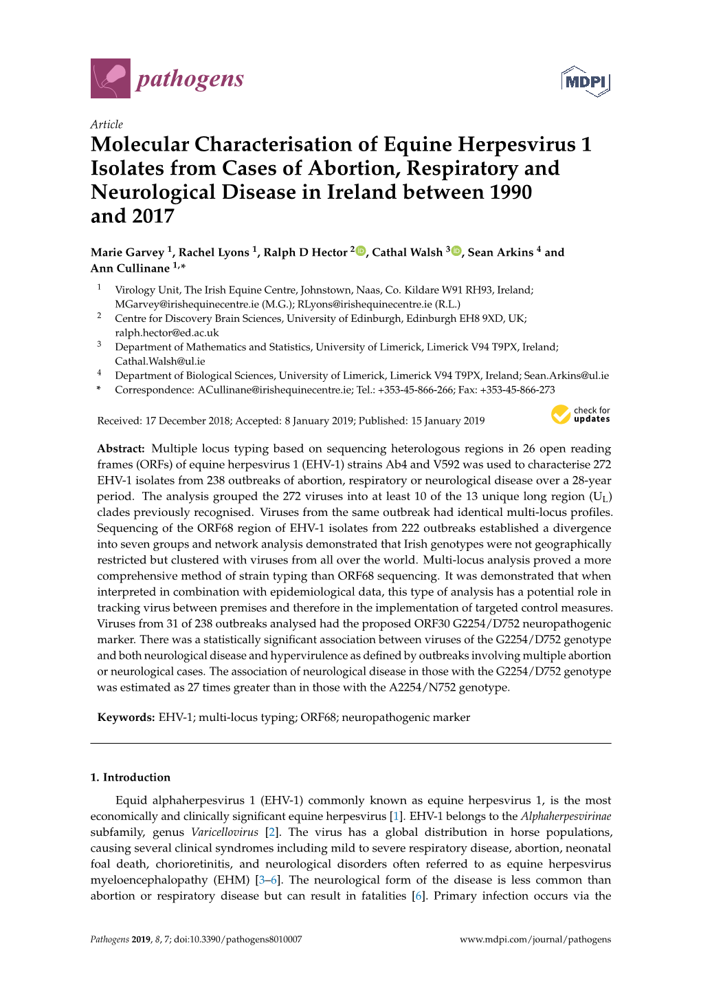 Molecular Characterisation of Equine Herpesvirus 1 Isolates from Cases of Abortion, Respiratory and Neurological Disease in Ireland Between 1990 and 2017