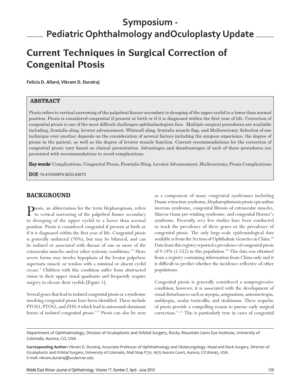 Current Techniques in Surgical Correction of Congenital Ptosis Symposium