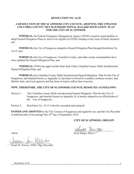 Resolution No. 14-20 a Resolution of the Scappoose City Council Adopting the Updated Columbia County Multi-Jurisdictional Hazard