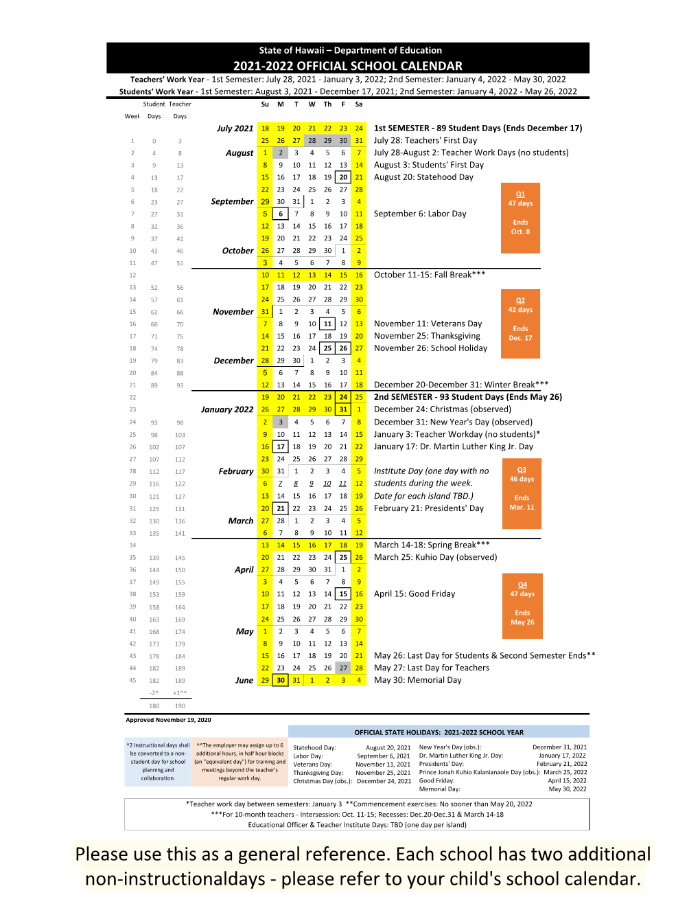 2021-2022 Hawaii School Calendar