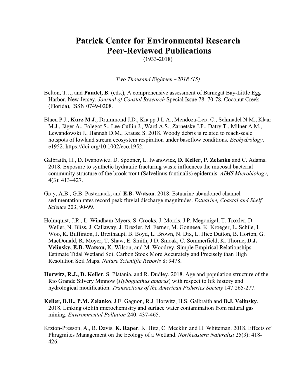 Patrick Center for Environmental Research Peer-Reviewed Publications (1933-2018)