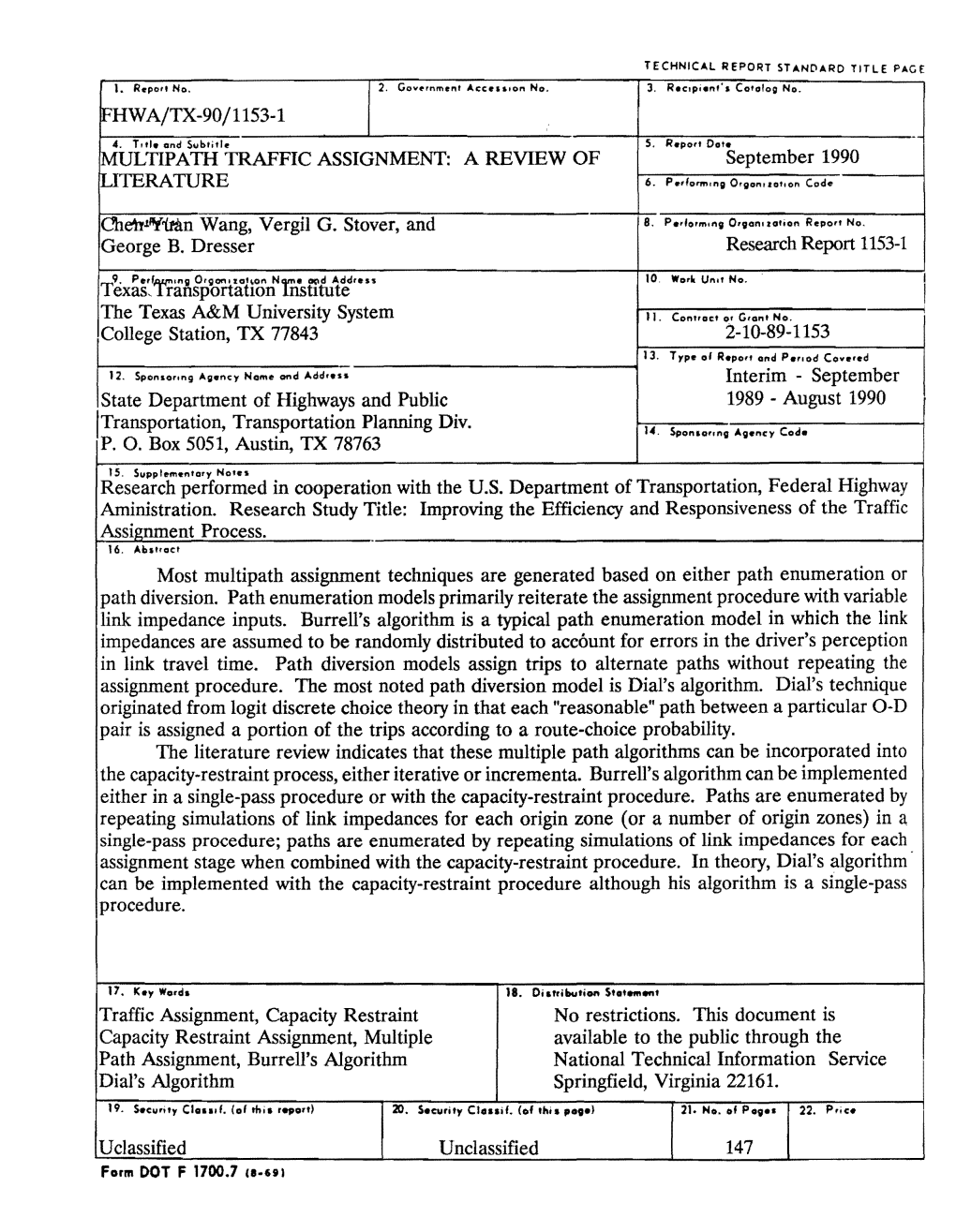 MULTIPATH TRAFFIC ASSIGNMENT: a REVIEW of September 1990 LITERATURE