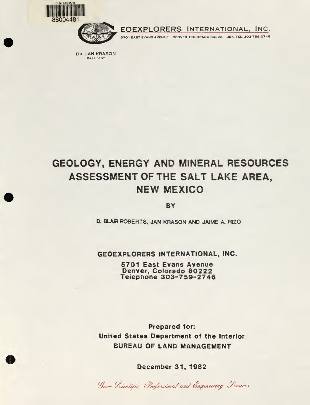 Geology, Energy and Mineral Resources Assessment of the Salt Lake Area, New Mexico By