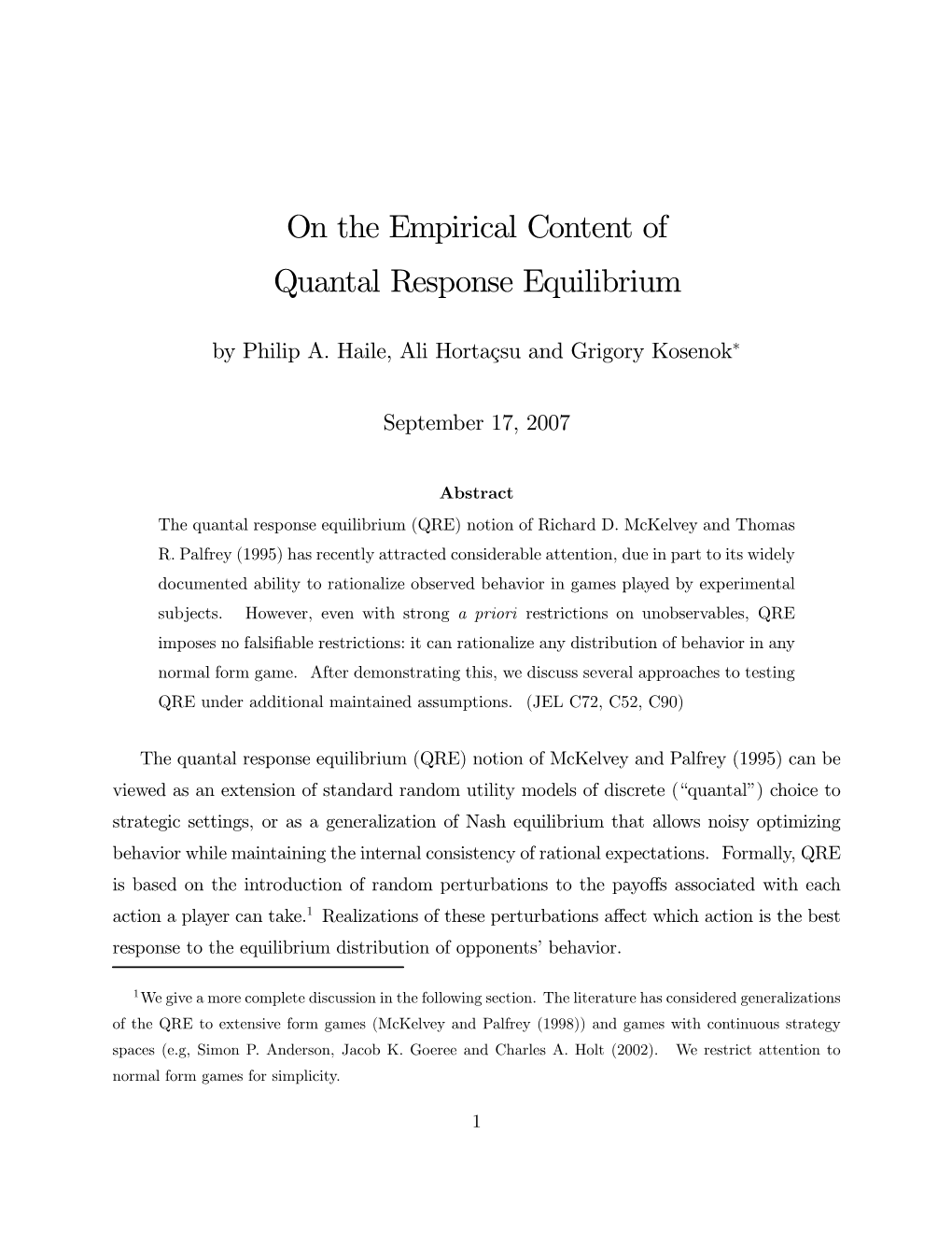 On the Empirical Content of Quantal Response Equilibrium