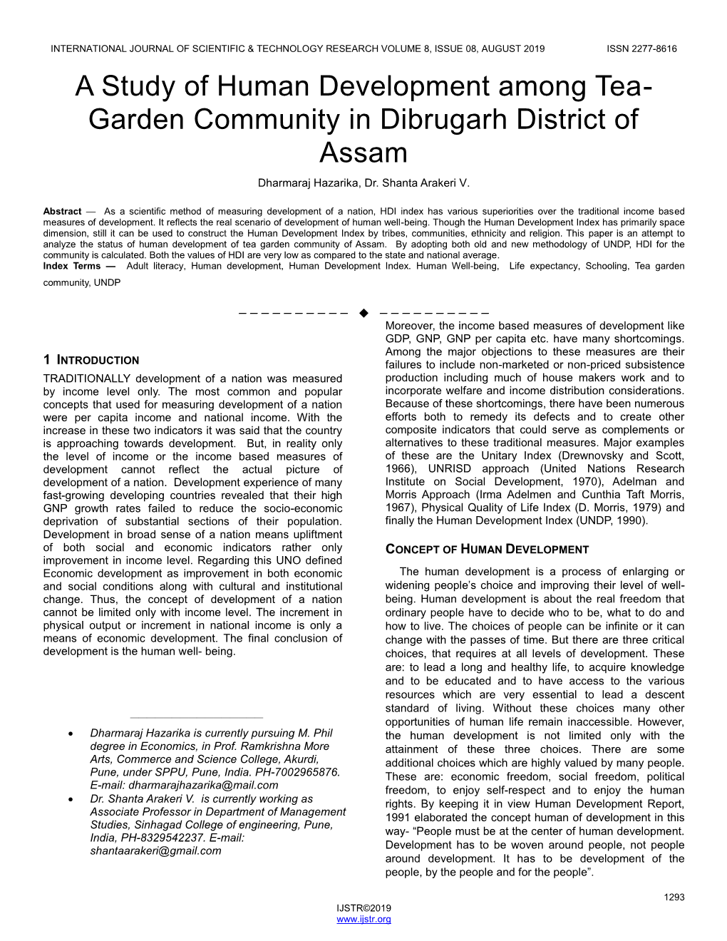 A Study of Human Development Among Tea- Garden Community in Dibrugarh District of Assam Dharmaraj Hazarika, Dr