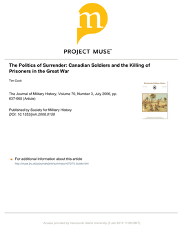 The Politics of Surrender: Canadian Soldiers and the Killing of Prisoners in the Great War