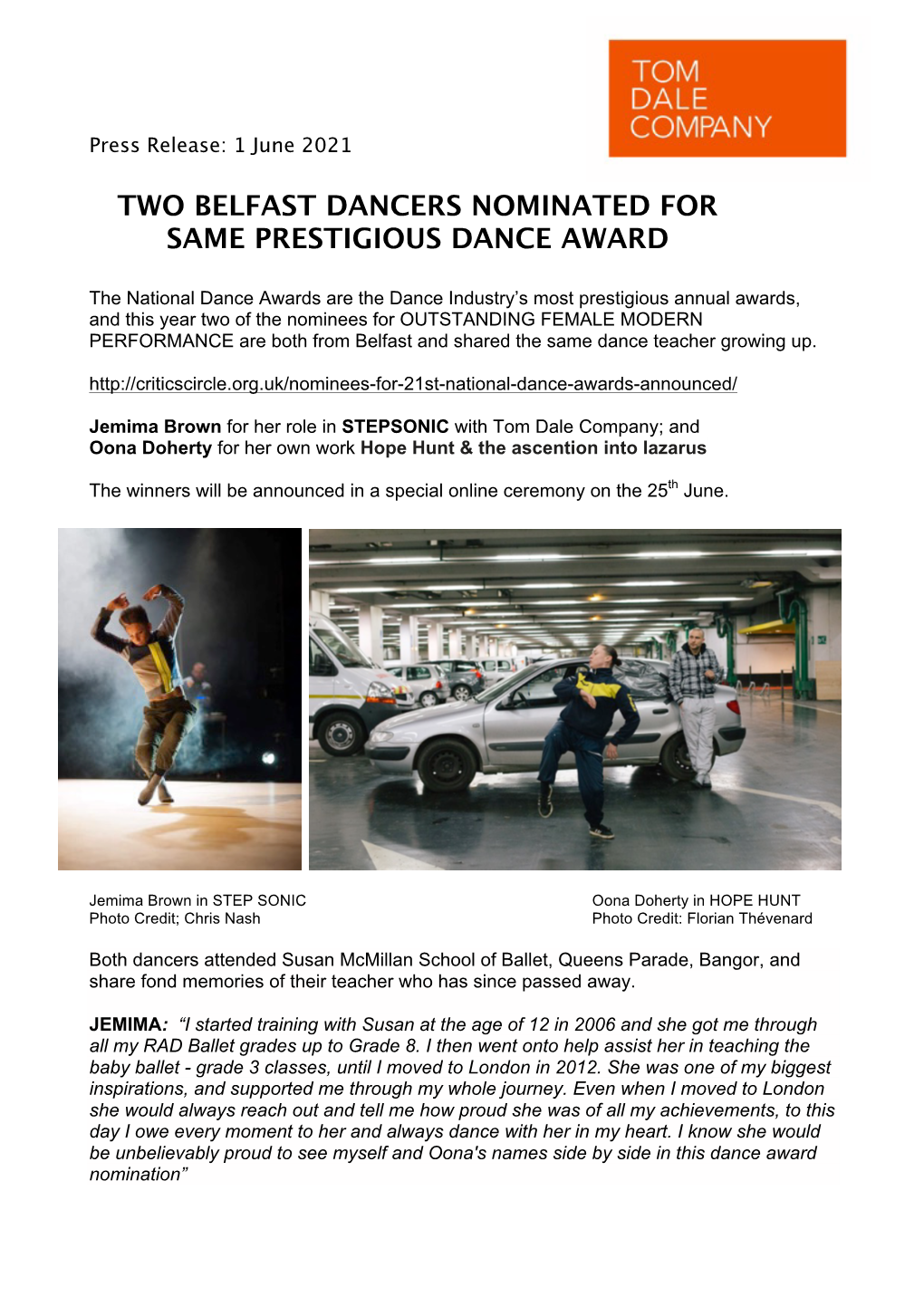 Belfast Dancers Nominated for Award PRESS RELEASE