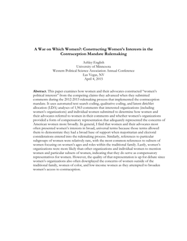 A War on Which Women?: Constructing Women’S Interests in the Contraception Mandate Rulemaking
