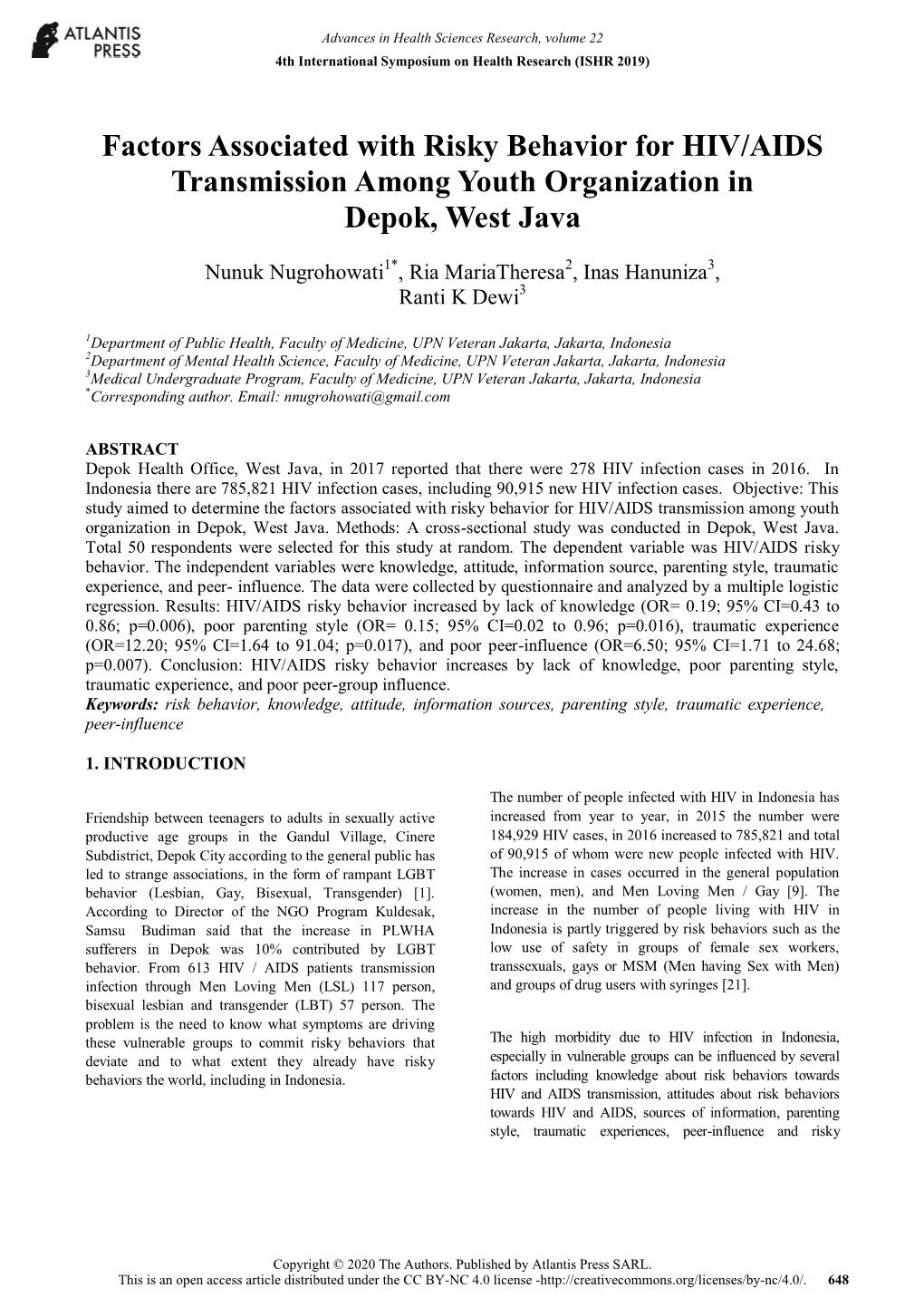 Factors Associated with Risky Behavior for HIV/AIDS Transmission Among Youth Organization in Depok, West Java