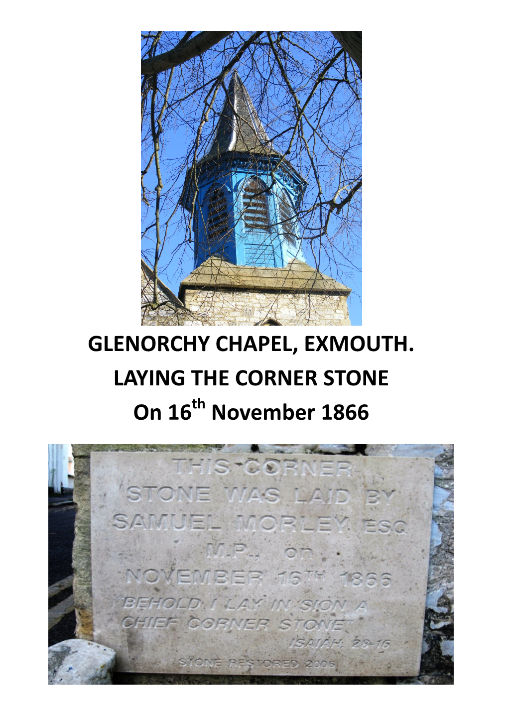 GLENORCHY CHAPEL, EXMOUTH. LAYING the CORNER STONE on 16Th November 1866