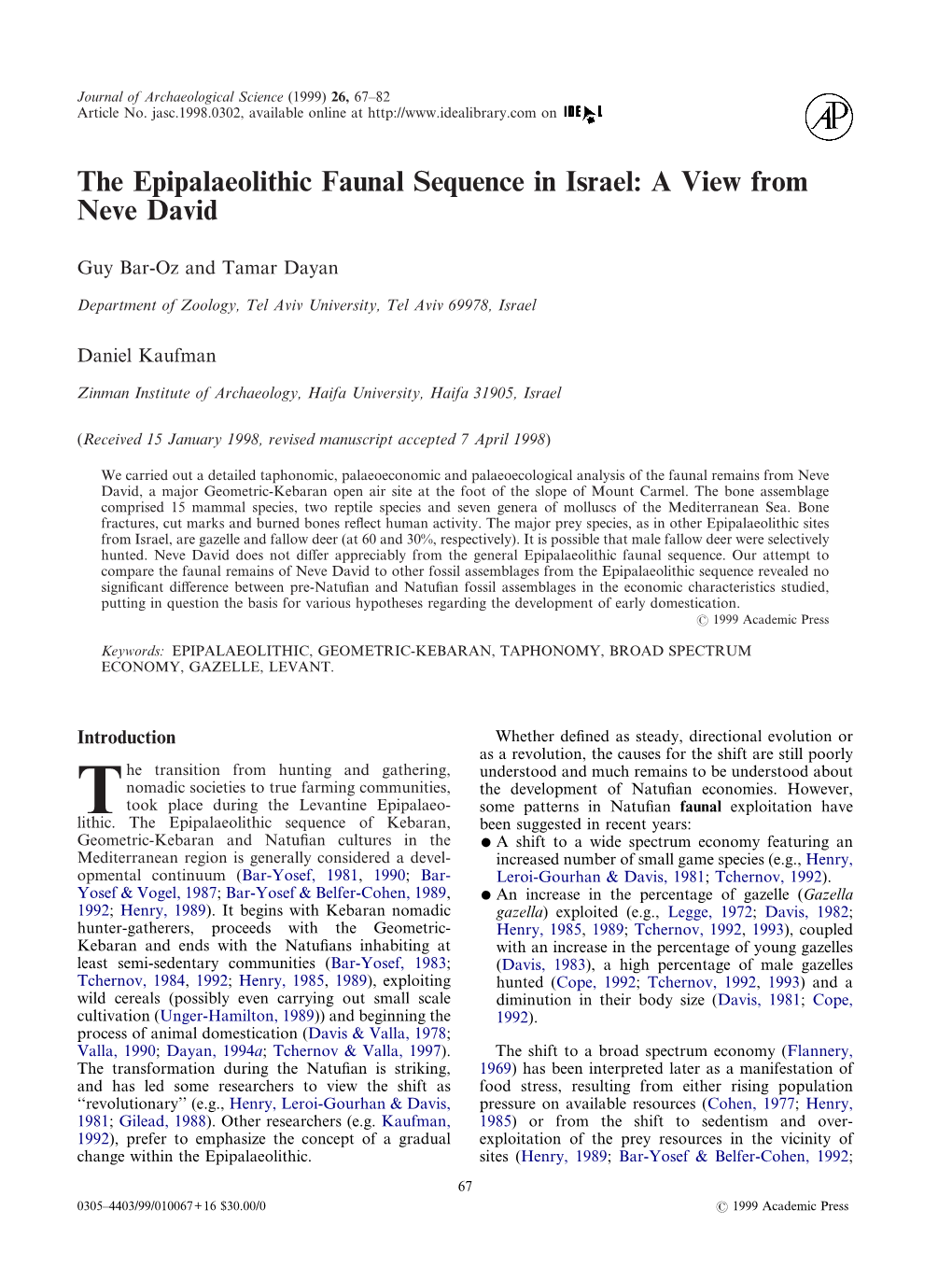 The Epipalaeolithic Faunal Sequence in Israel: a View from Neve David