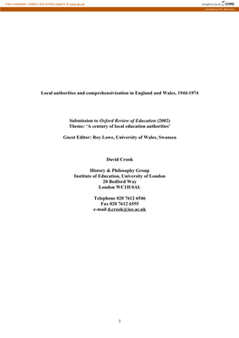Local Authorities and Comprehensivization in England and Wales, 1944-1974