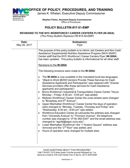 NYC WORKFORCE1 CAREER CENTERS FLYER (W-300A) (This Policy Bulletin Replaces PB #16-48-EMP)