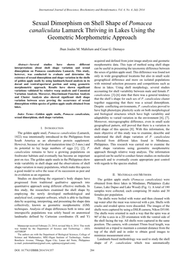 Sexual Dimorphism on Shell Shape of Pomacea Canaliculata Lamarck Thriving in Lakes Using the Geometric Morphometric Approach