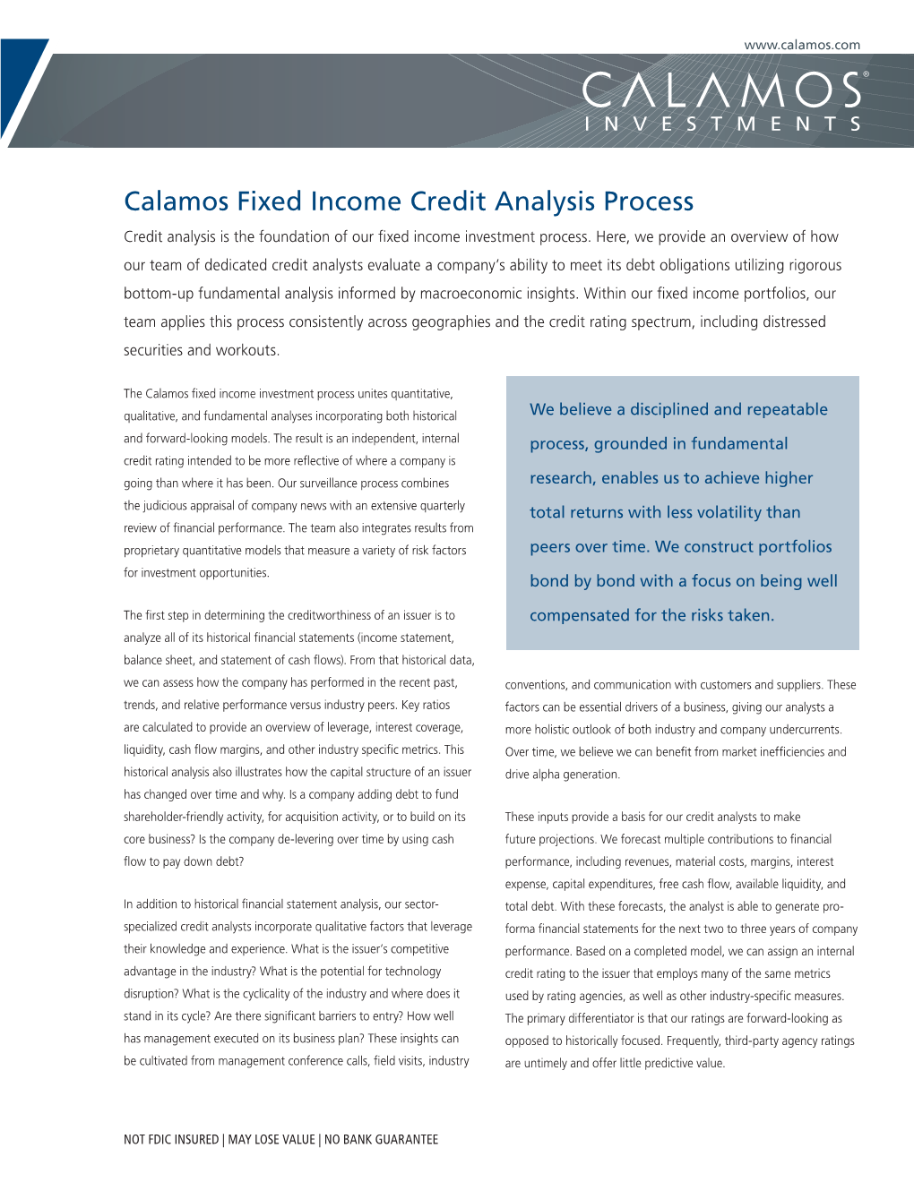 Calamos Fixed Income Credit Analysis Process Credit Analysis Is the Foundation of Our Fixed Income Investment Process