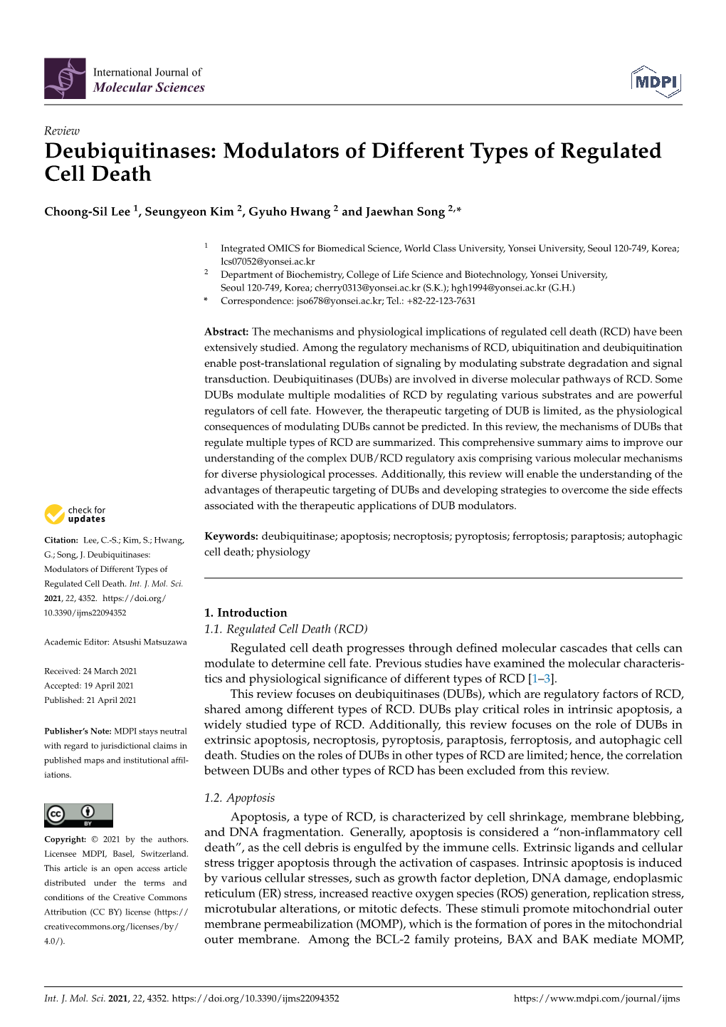 Deubiquitinases: Modulators of Different Types of Regulated Cell Death