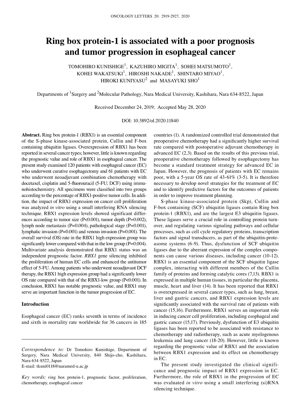 Ring Box Protein-1 Is Associated with a Poor Prognosis and Tumor Progression in Esophageal Cancer