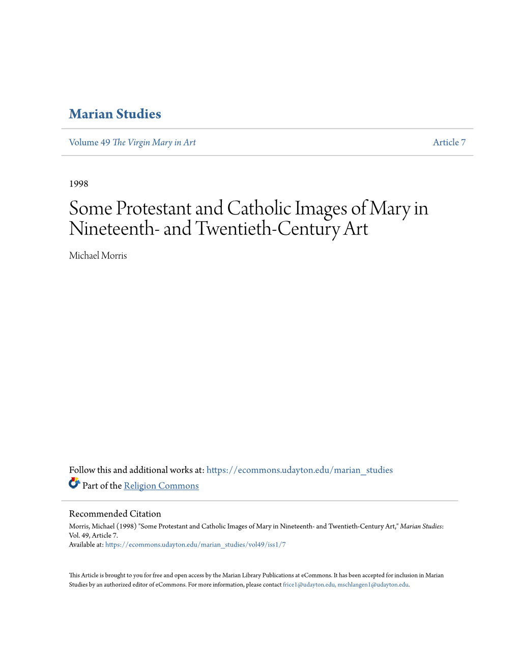 Some Protestant and Catholic Images of Mary in Nineteenth- and Twentieth-Century Art Michael Morris