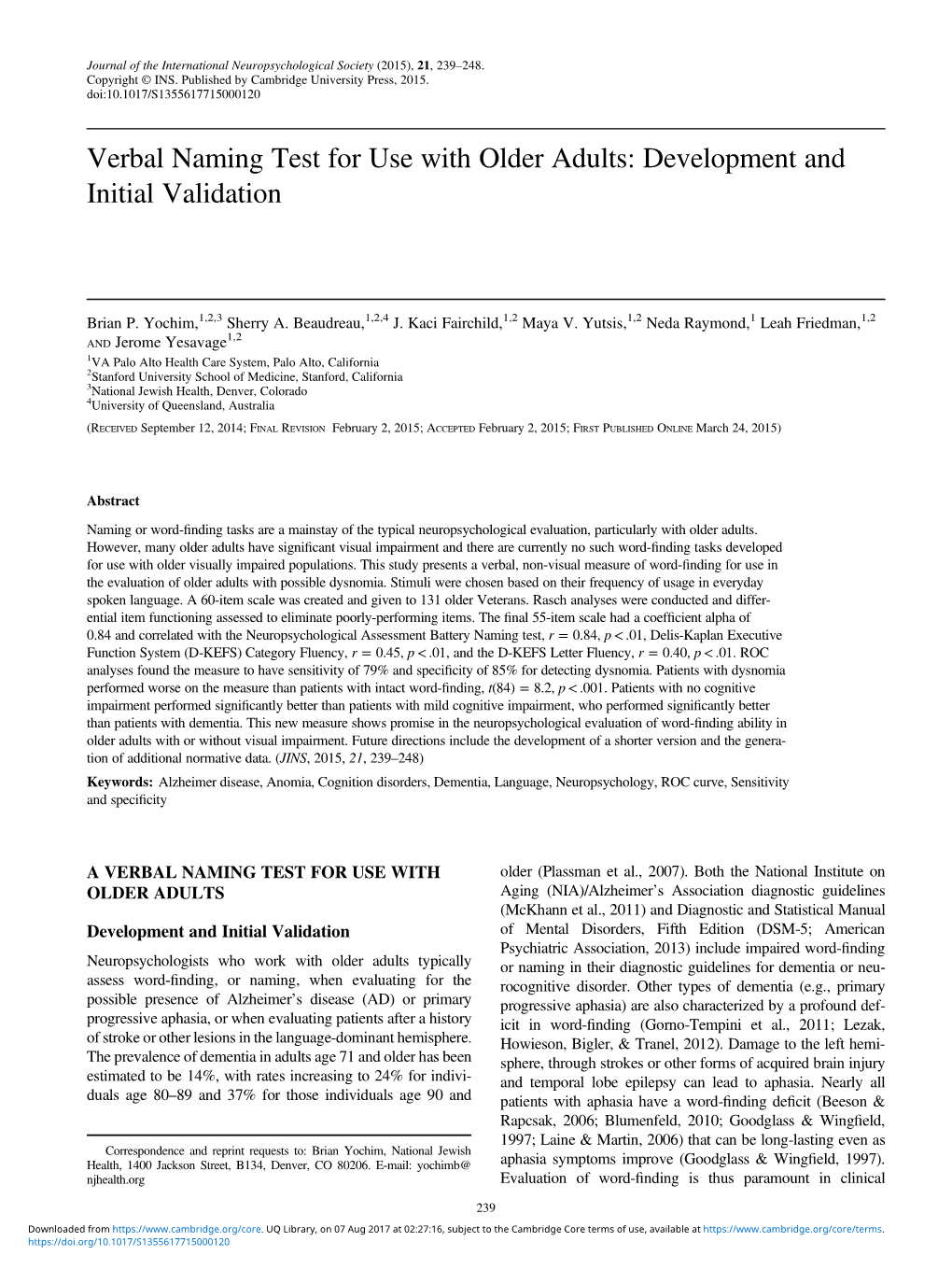 Verbal Naming Test for Use with Older Adults: Development and Initial Validation