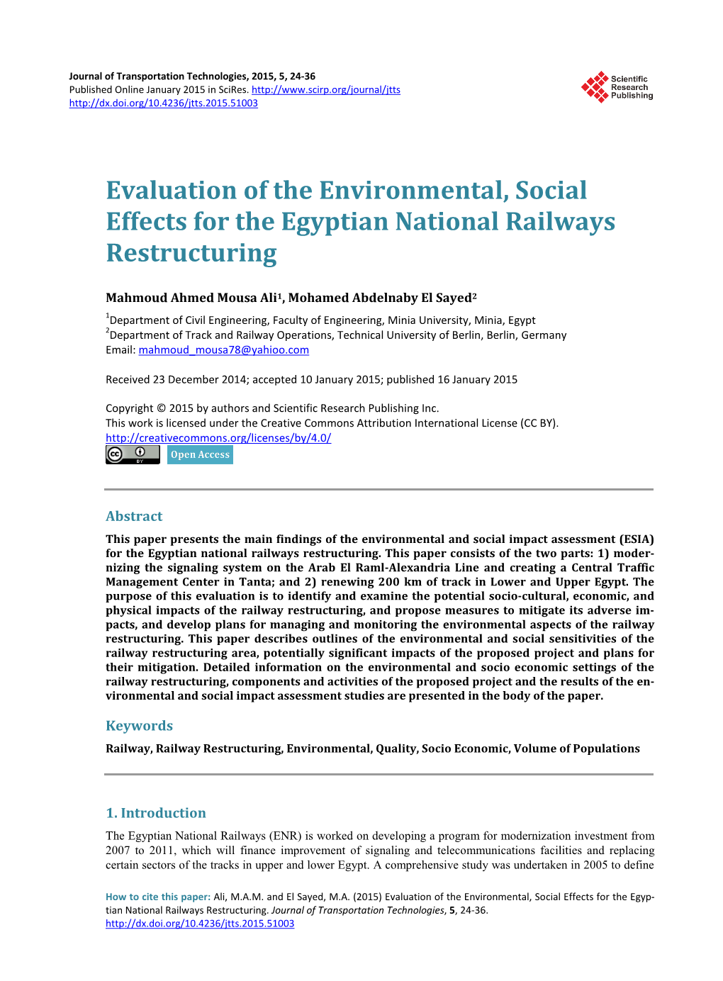 Evaluation of the Environmental, Social Effects for the Egyptian National Railways Restructuring