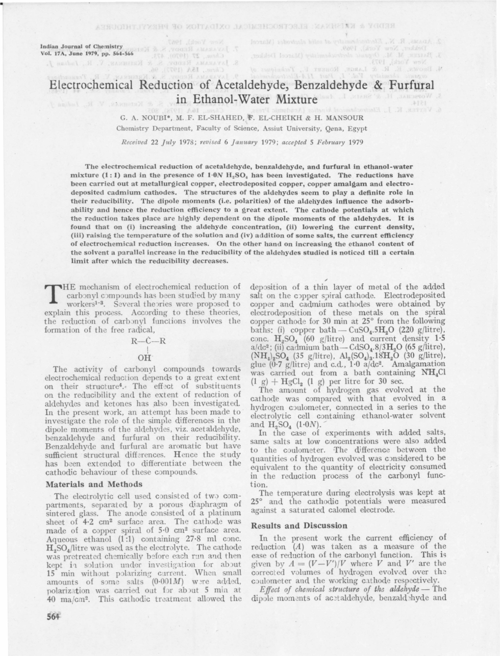 Electrochemical Reduction of Acetaldehyde, Benzaldehyde & Furfural in Ethanol-Water Mixture