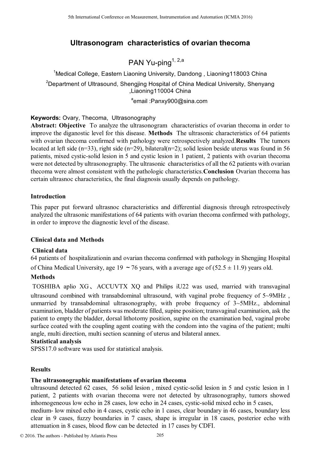 Ultrasonogram Characteristics of Ovarian Thecoma PAN Yu-Ping