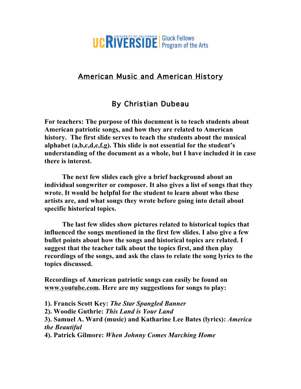 American Music and American History by Christian Dubeau for Teachers