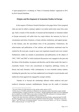 Origins and Development of Armenian Studies in Europe