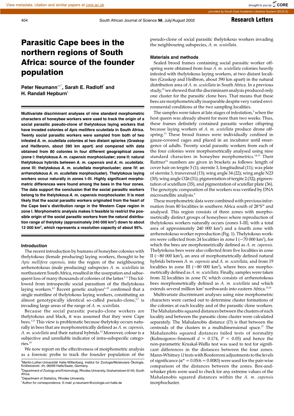 Parasitic Cape Bees in the Northern Regions of South Africa