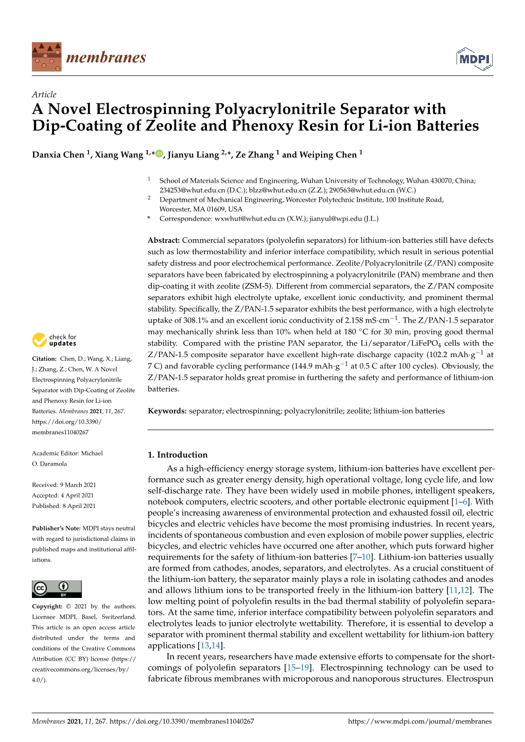 A Novel Electrospinning Polyacrylonitrile Separator with Dip-Coating of Zeolite and Phenoxy Resin for Li-Ion Batteries