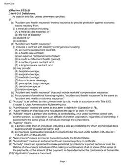 Effective 5/5/2021 31A-1-301 Definitions. As Used in This Title, Unless Otherwise Specified: (1) (A) "Accident and Health I