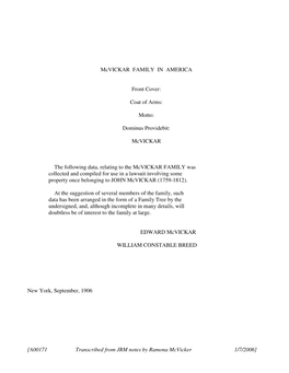 A00171 Transcribed from JRM Notes by Ramona Mcvicker 1/7/2006] 2 Mcvickar FAMILY TREE