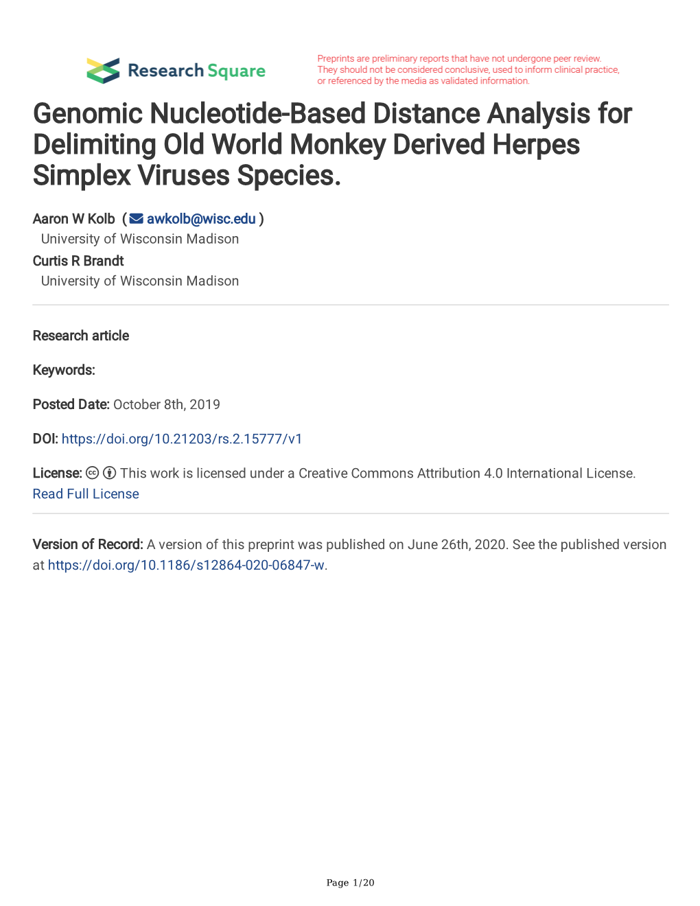 Genomic Nucleotide-Based Distance Analysis for Delimiting Old World Monkey Derived Herpes Simplex Viruses Species