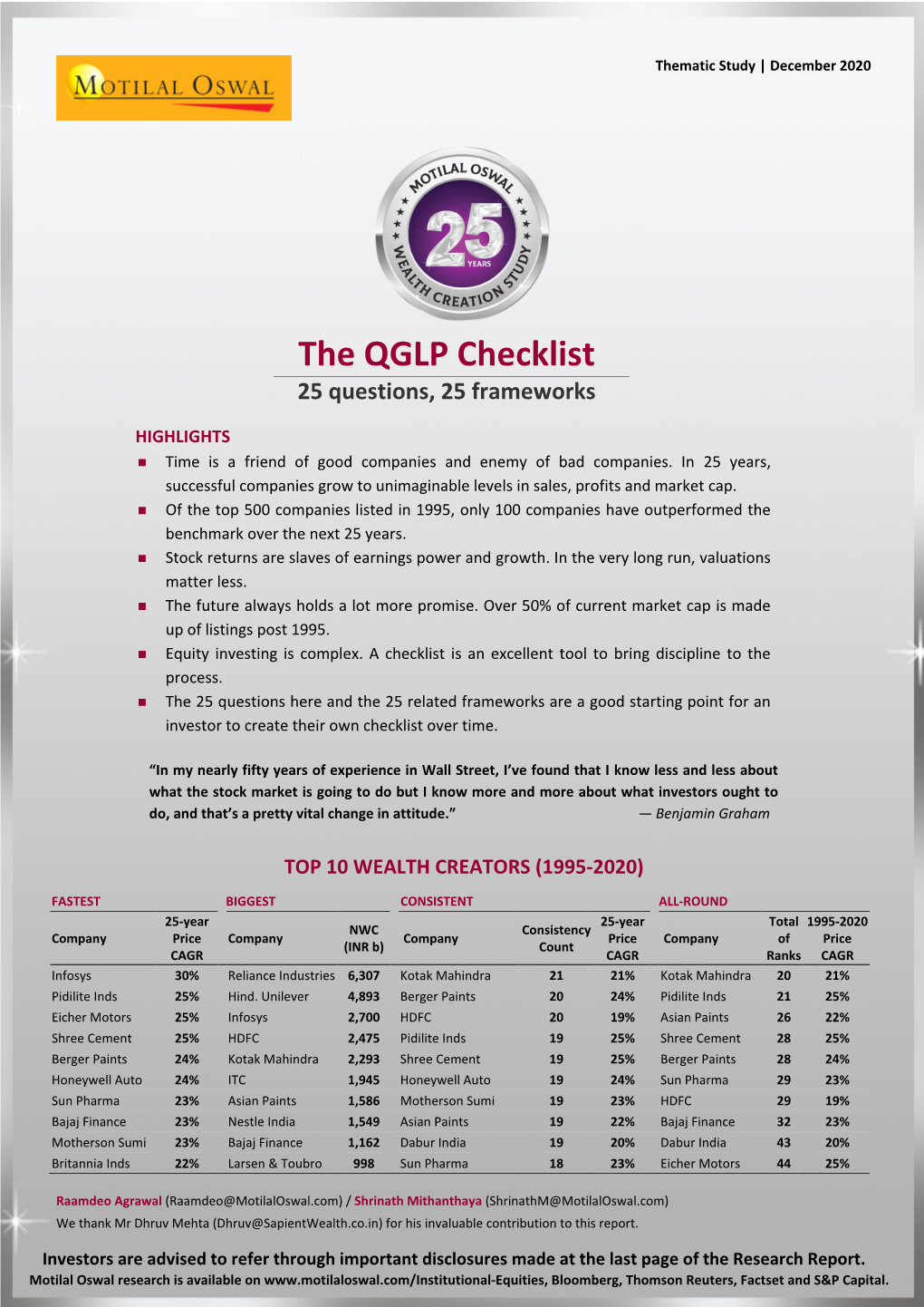 The QGLP Checklist 25 Questions, 25 Frameworks