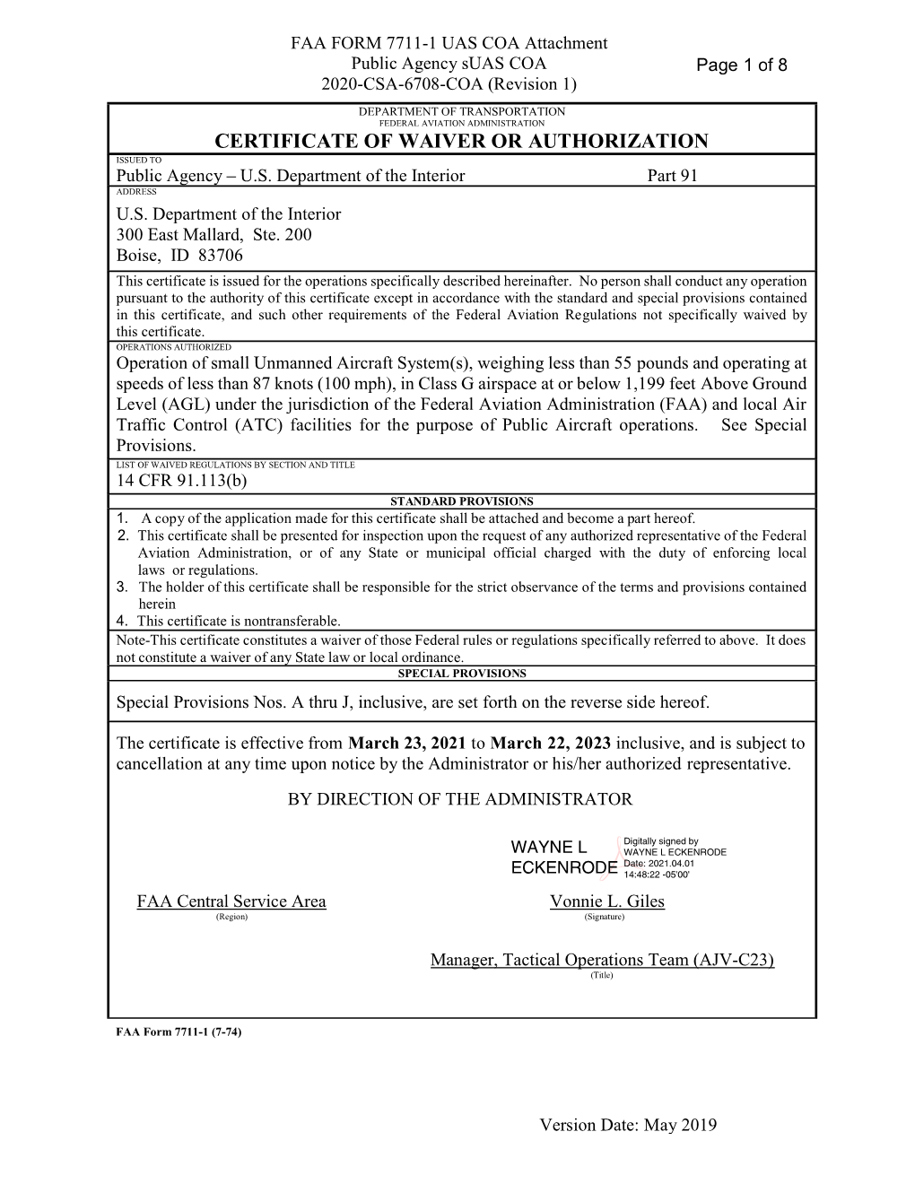 Certificate of Authorization (COA) FAA Form 7711-1-2020-CSA-6708 Rev. 1