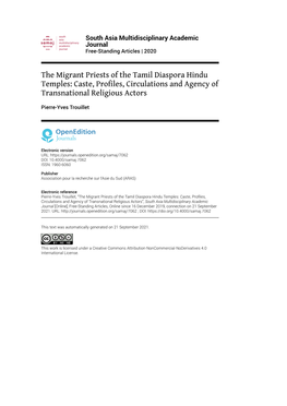 The Migrant Priests of the Tamil Diaspora Hindu Temples: Caste, Profiles, Circulations and Agency of Transnational Religious Actors