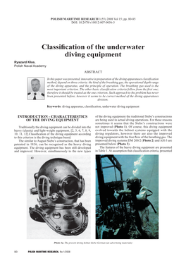 Classification of the Underwater Diving Equipment