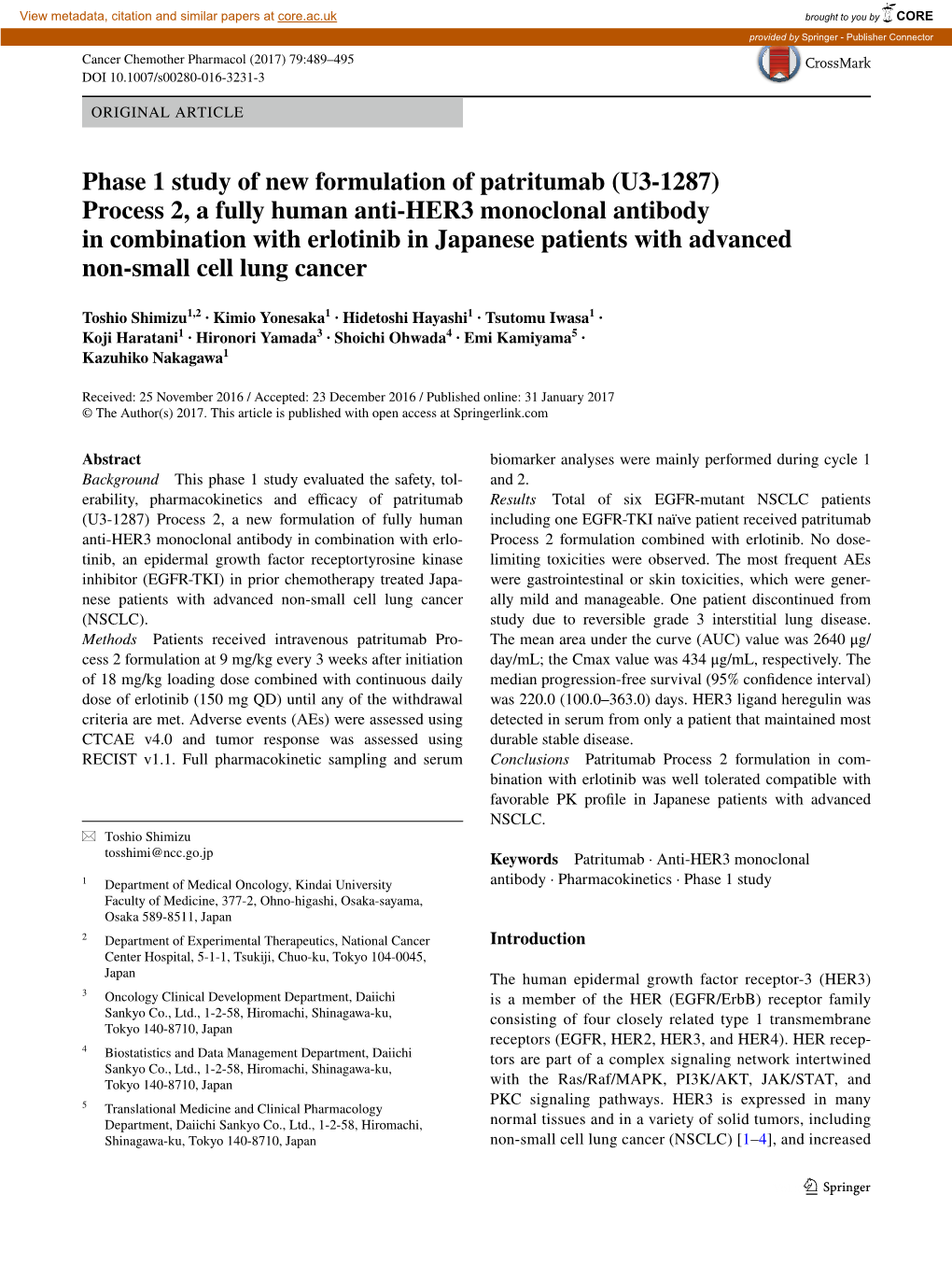 (U3-1287) Process 2, a Fully Human Anti-HER3 Monoclonal Antibody in Combination with Erlotinib in Japanese Patients with Advanced Non-Small Cell Lung Cancer